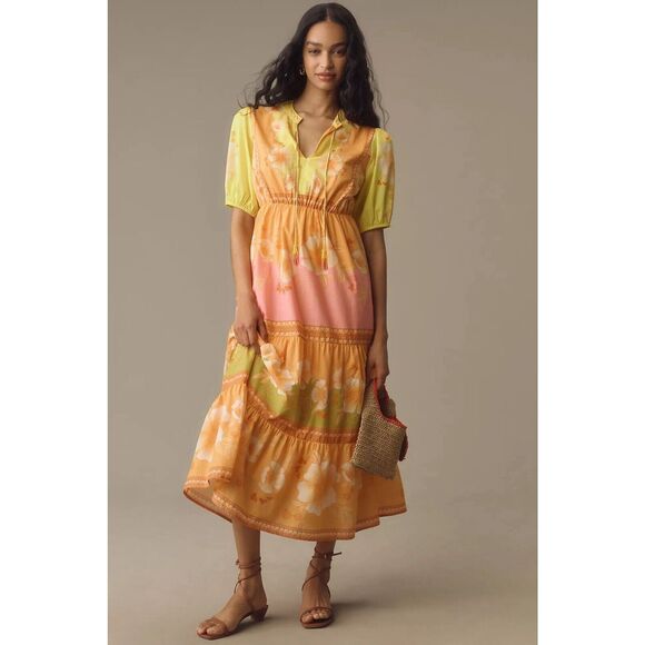 NWT Farm Rio Anthropologie Short-Sleeve Tiered Yellow Midi Dress Size SMALL - Picture 1 of 11